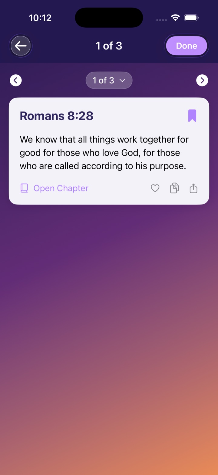After snapping a photo: a verse card reads Romans 8:28 with the full verse text and an Open Chapter button — one of three references found.
